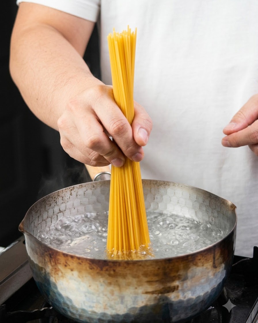 Une poignée de spaghettis secs plongés dans une casserole deau bouillante frémissante.