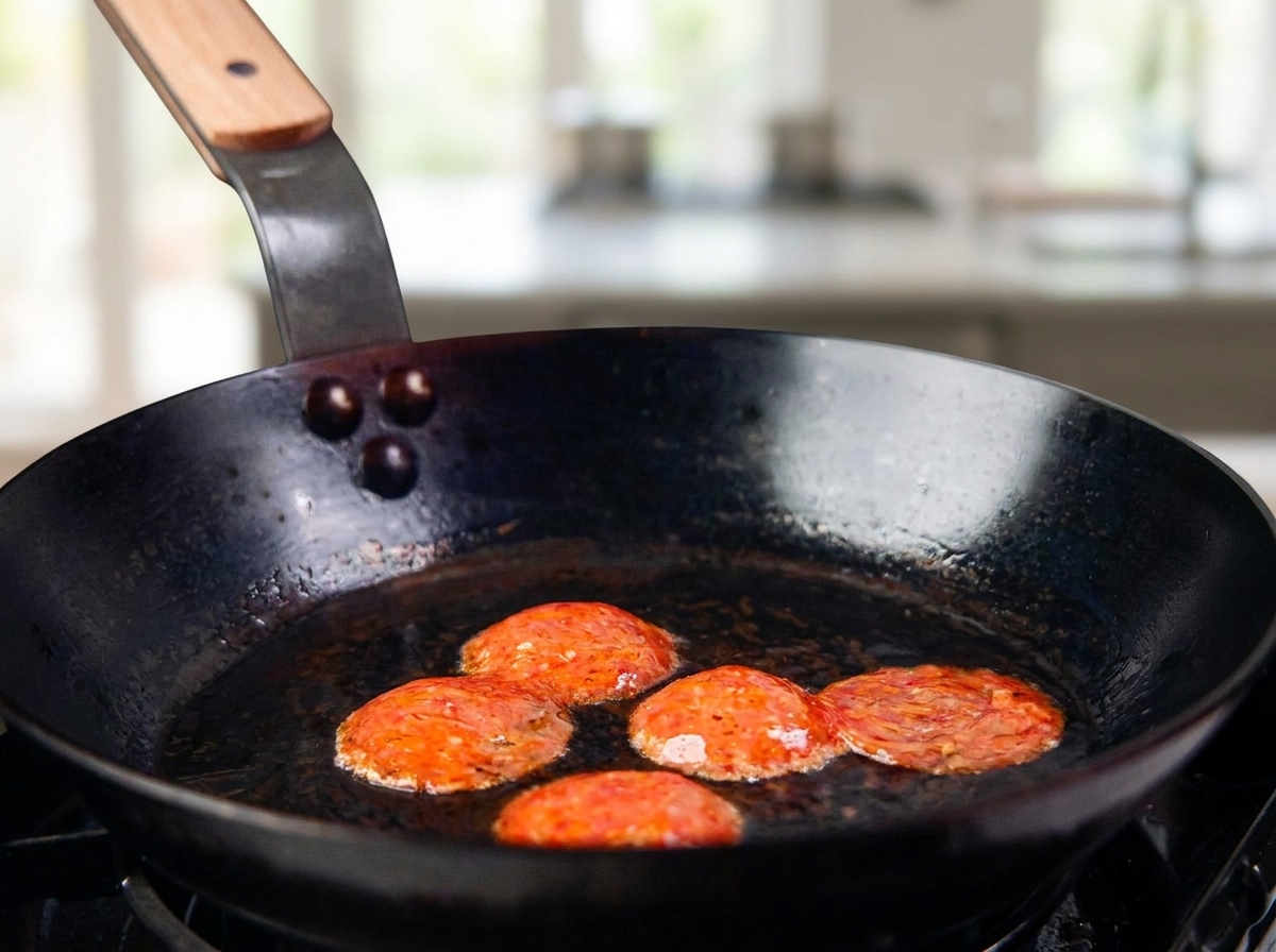 Tranches de salami grésillant dans lhuile dolive à lintérieur dune poêle noire.