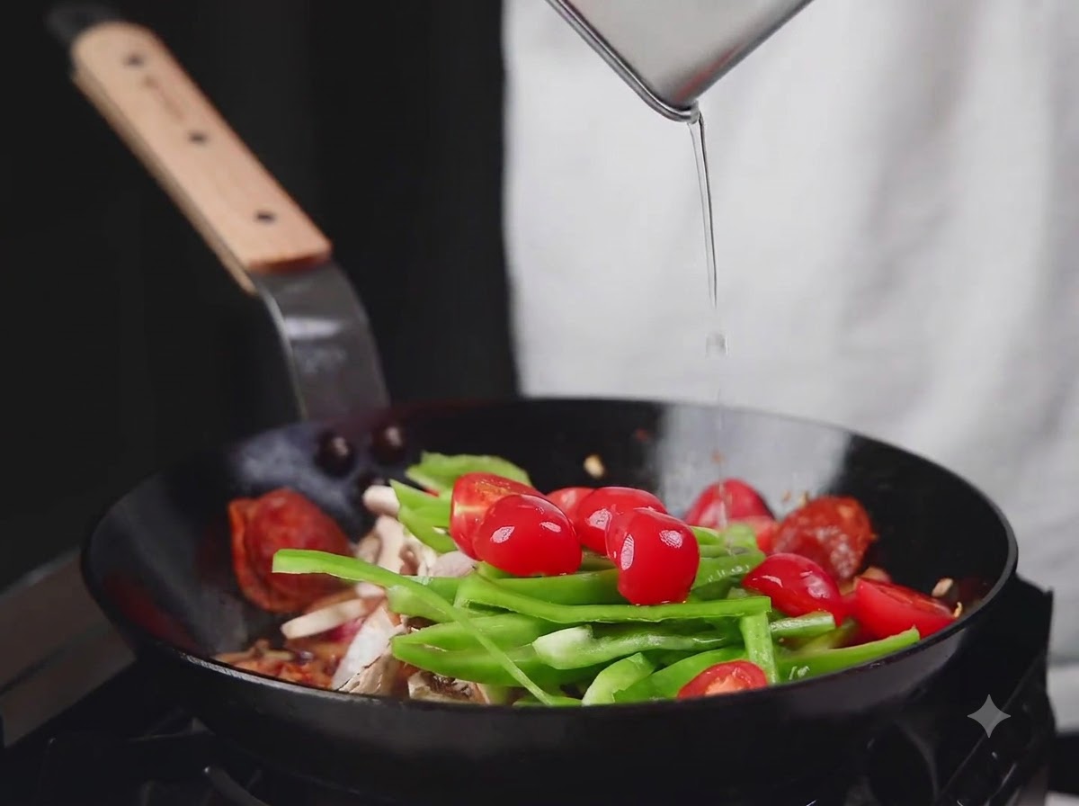 Poivron vert, tomates cerises et champignons ajoutés dans la poêle.
