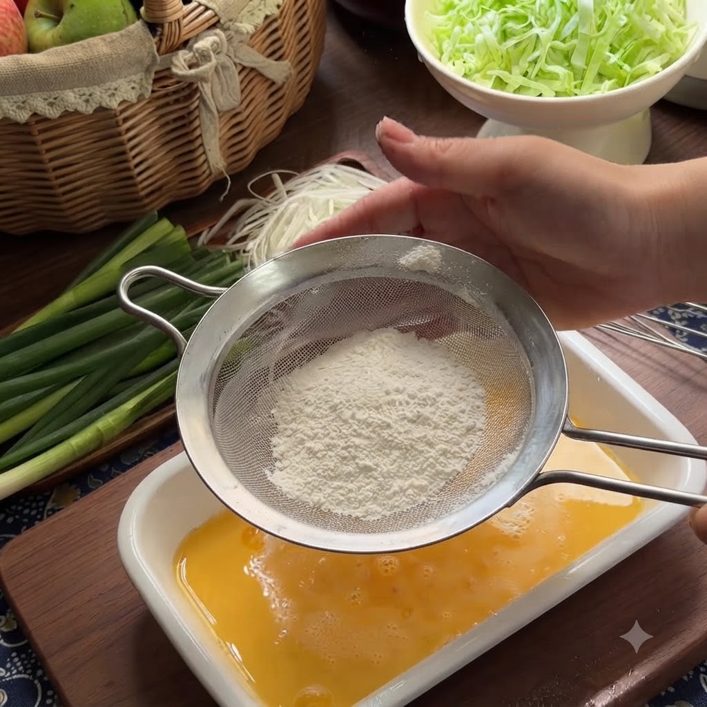 Farine blanche tamisée à travers une passoire métallique dans un plateau contenant le mélange dœufs jaunes.