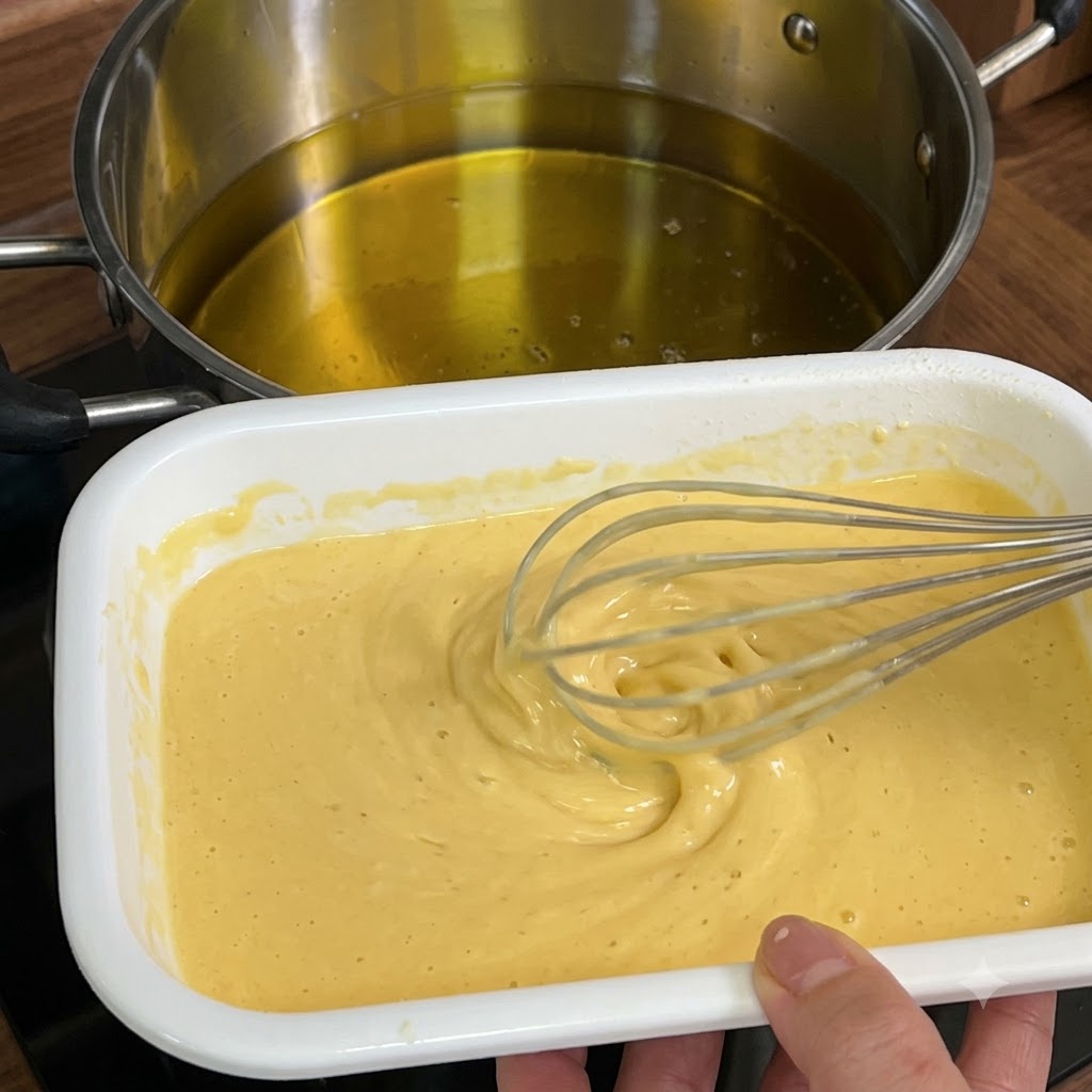 Un fouet versant de la pâte jaune dans une casserole profonde remplie dhuile de cuisson chaude.