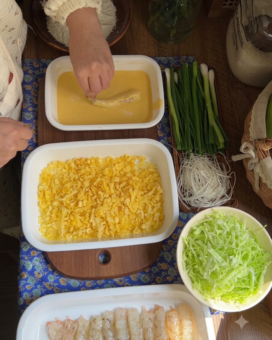 Une main pressant une crevette trempée dans la pâte dans un lit de flocons de tempura jaunes.