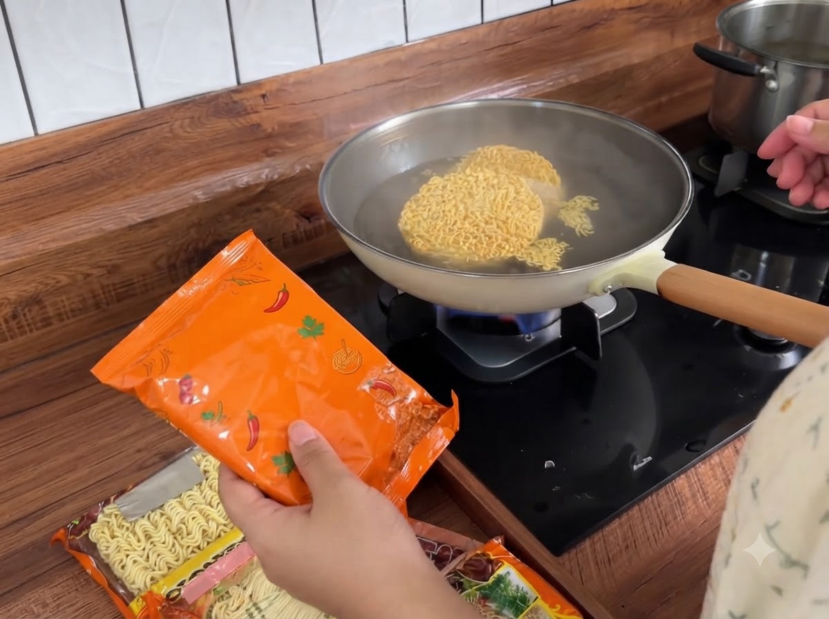 Une louche versant de leau bouillante fumante dune casserole de nouilles dans un bol dassaisonnement.