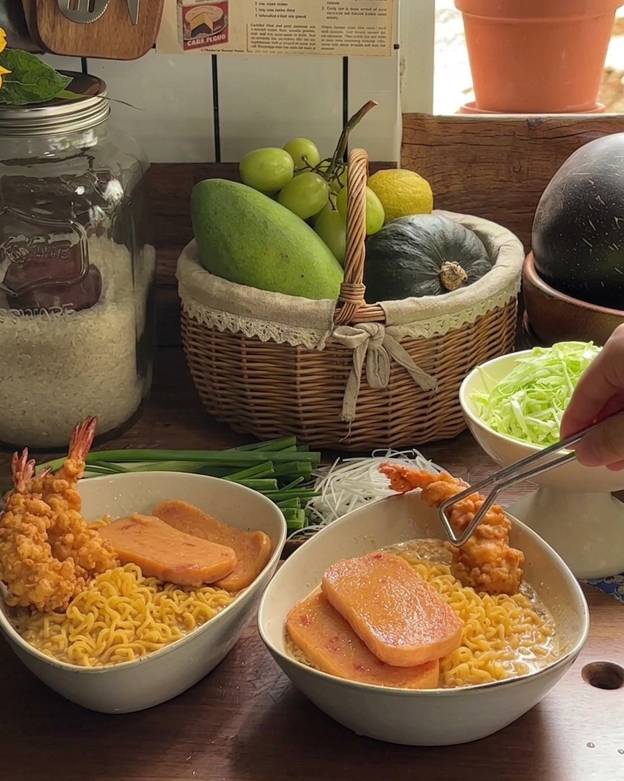Bol de ramen assemblé garni de tranches de spam poêlé et de grandes crevettes tempura croustillantes.