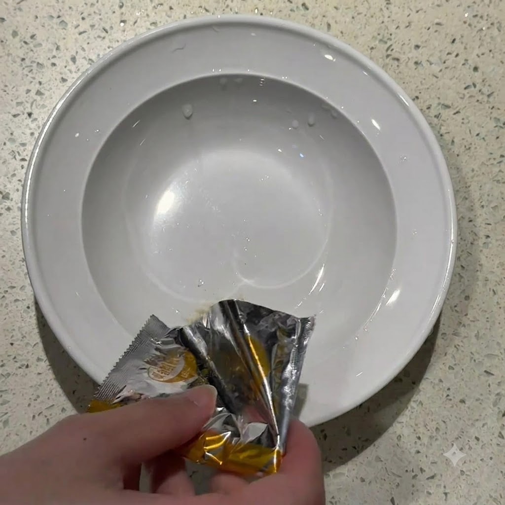 Poudre dassaisonnement dun sachet argenté de nouilles instantanées versée dans un bol en céramique blanche.