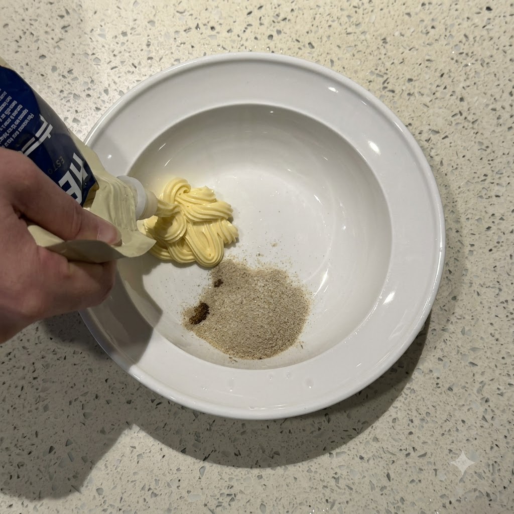 Une main tenant un tube compressible, distribuant de la mayonnaise jaune dans un bol blanc contenant la poudre dassaisonnement.