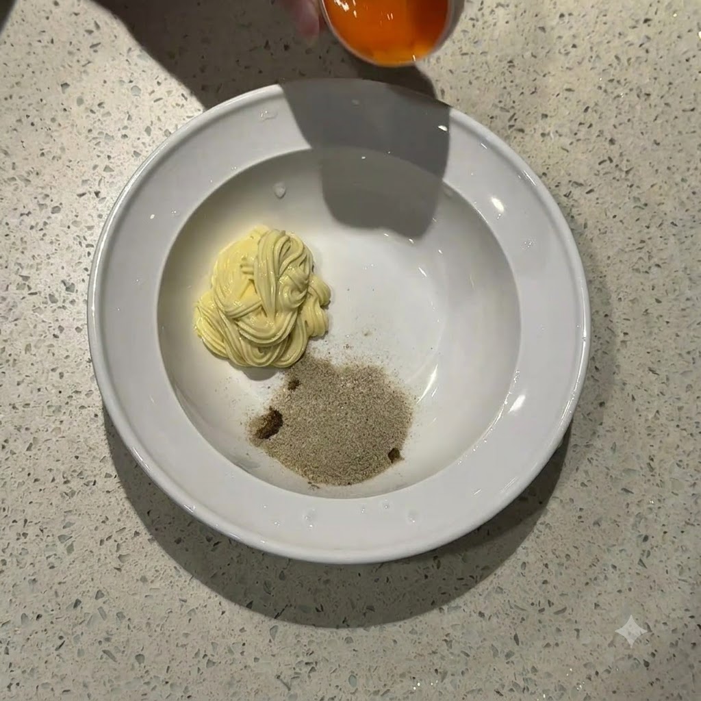 Un jaune dœuf orange cru tombant dune moitié de coquille dœuf dans un bol blanc avec de la mayonnaise et de la poudre dassaisonnement.