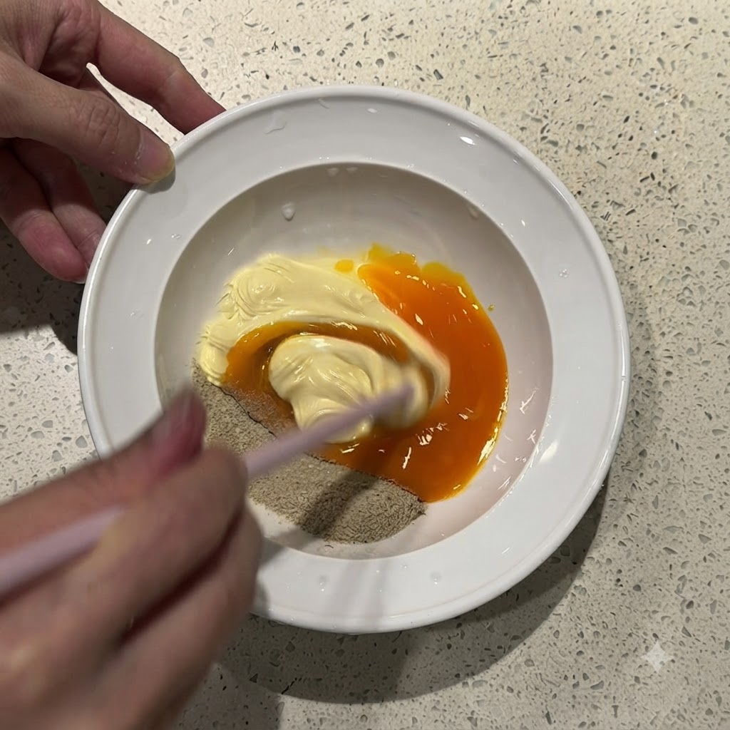 Une main tenant des baguettes roses, remuant activement une pâte orange épaisse composée de jaune dœuf, de mayonnaise et de poudre dassaisonnement dans un bol blanc.
