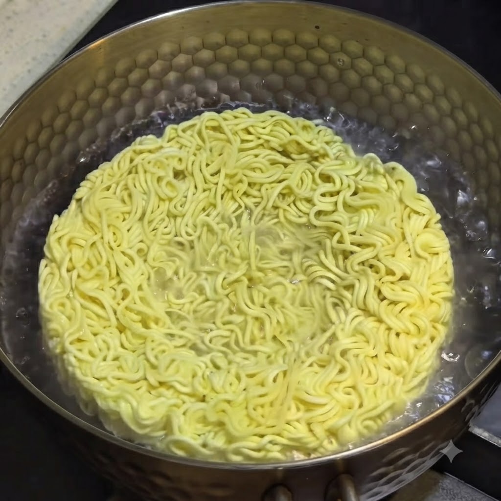 Un bloc rond de nouilles instantanées ondulées submergé dans une casserole en métal texturée deau bouillante frémissante.