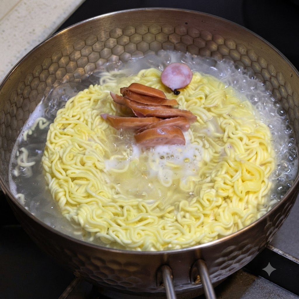 Saucisses hot-dog tranchées et une tranche ronde de gâteau de poisson cuisant dans une casserole de nouilles instantanées bouillantes.