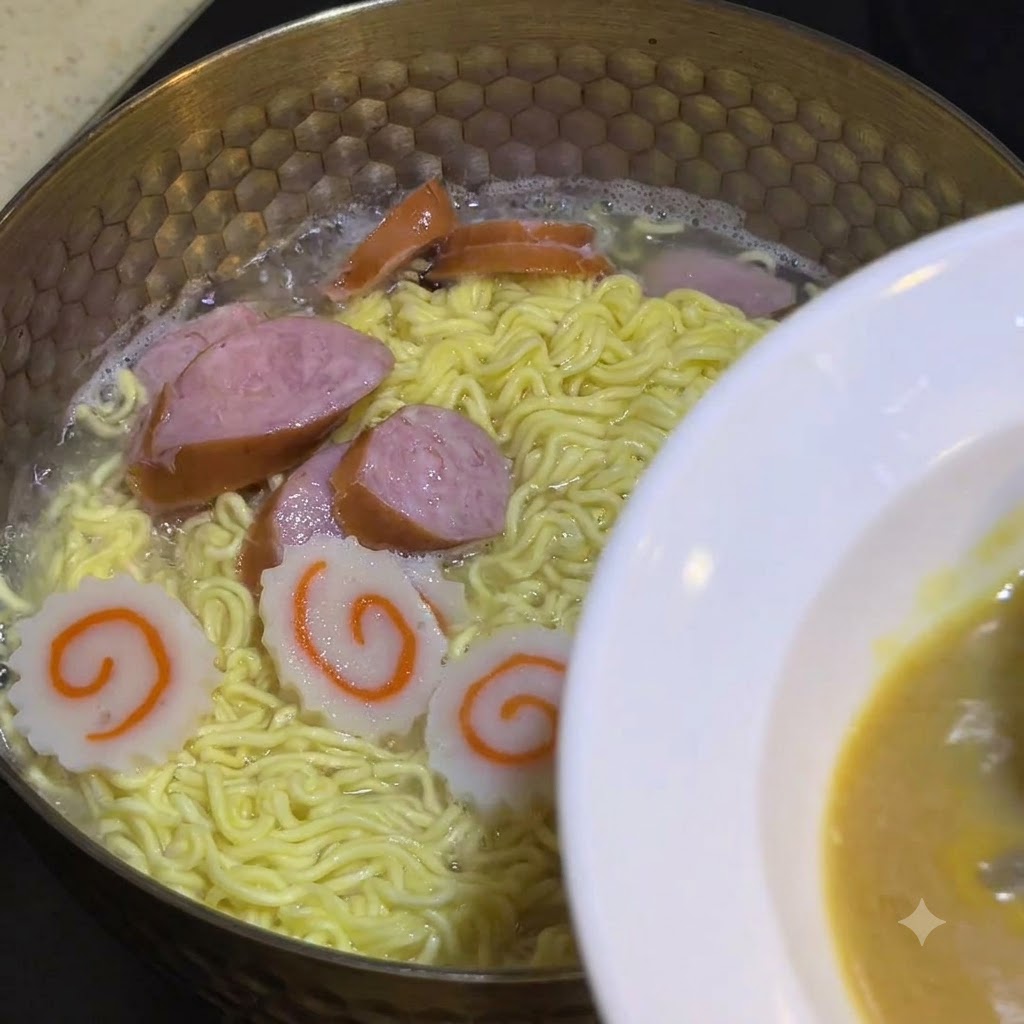Une louche puisant du bouillon chaud de la casserole de cuisson vers un bol blanc contenant la sauce.