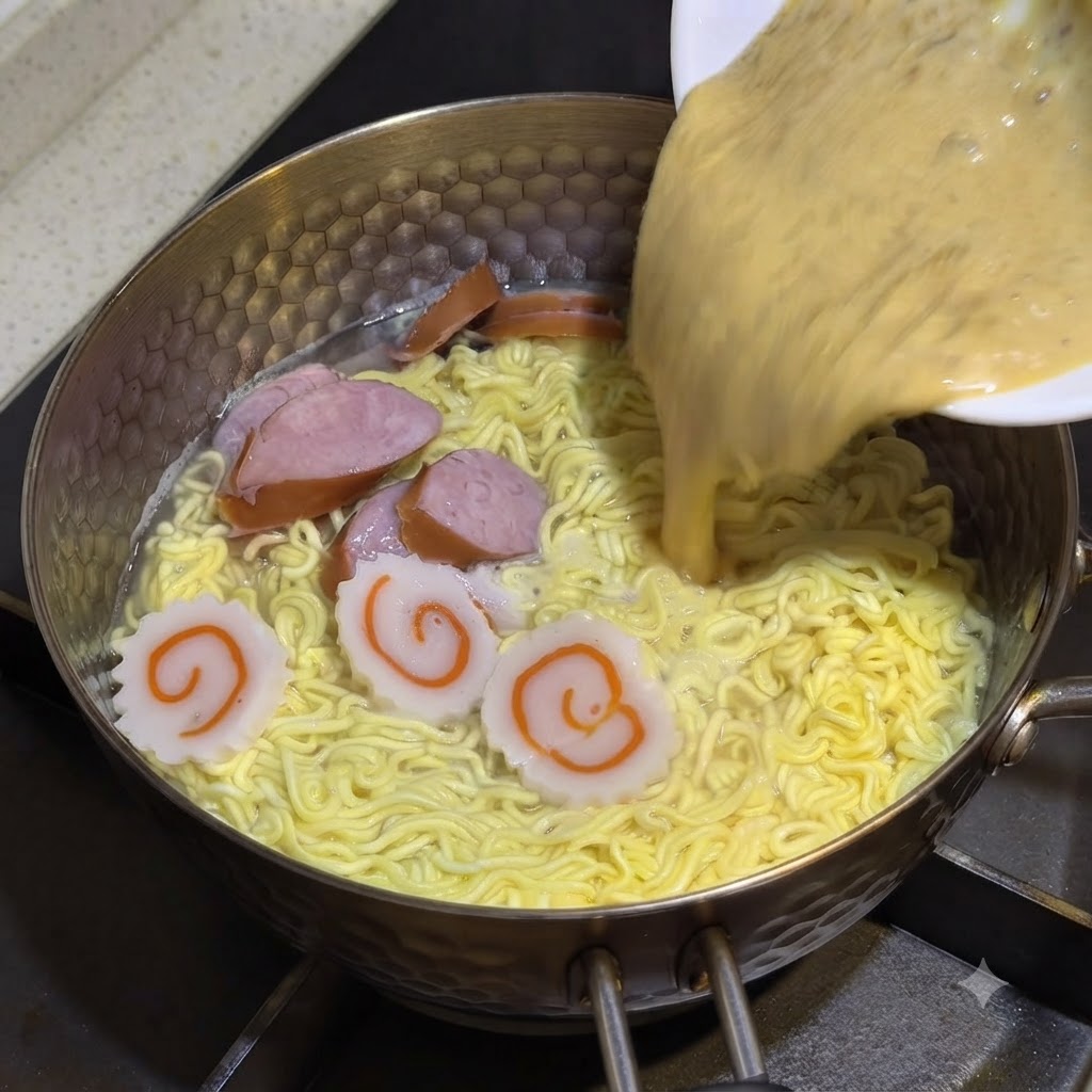 La sauce mélangée versée dun bol blanc dans la casserole de nouilles bouillonnante.