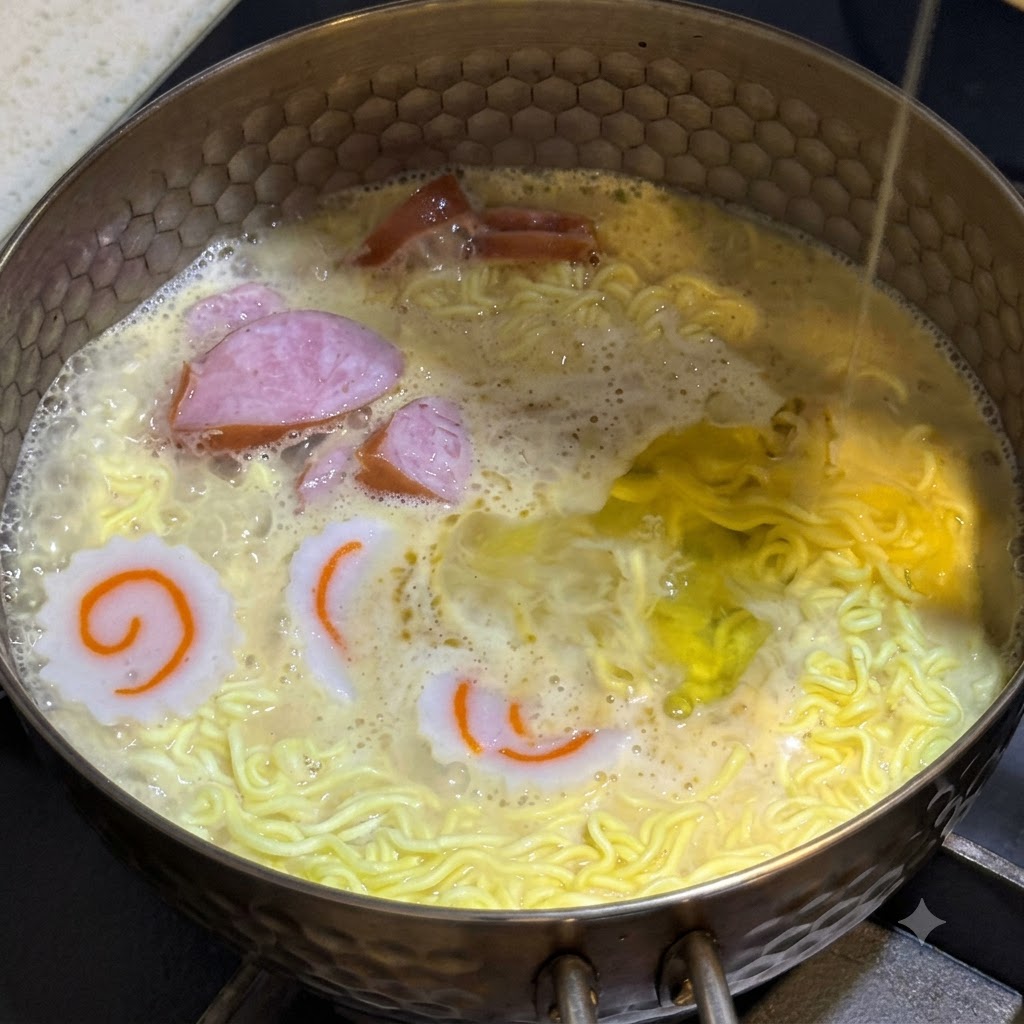 Blanc dœuf versé en filet dans la casserole de nouilles bouillante remplie de bouillon et de saucisses tranchées.