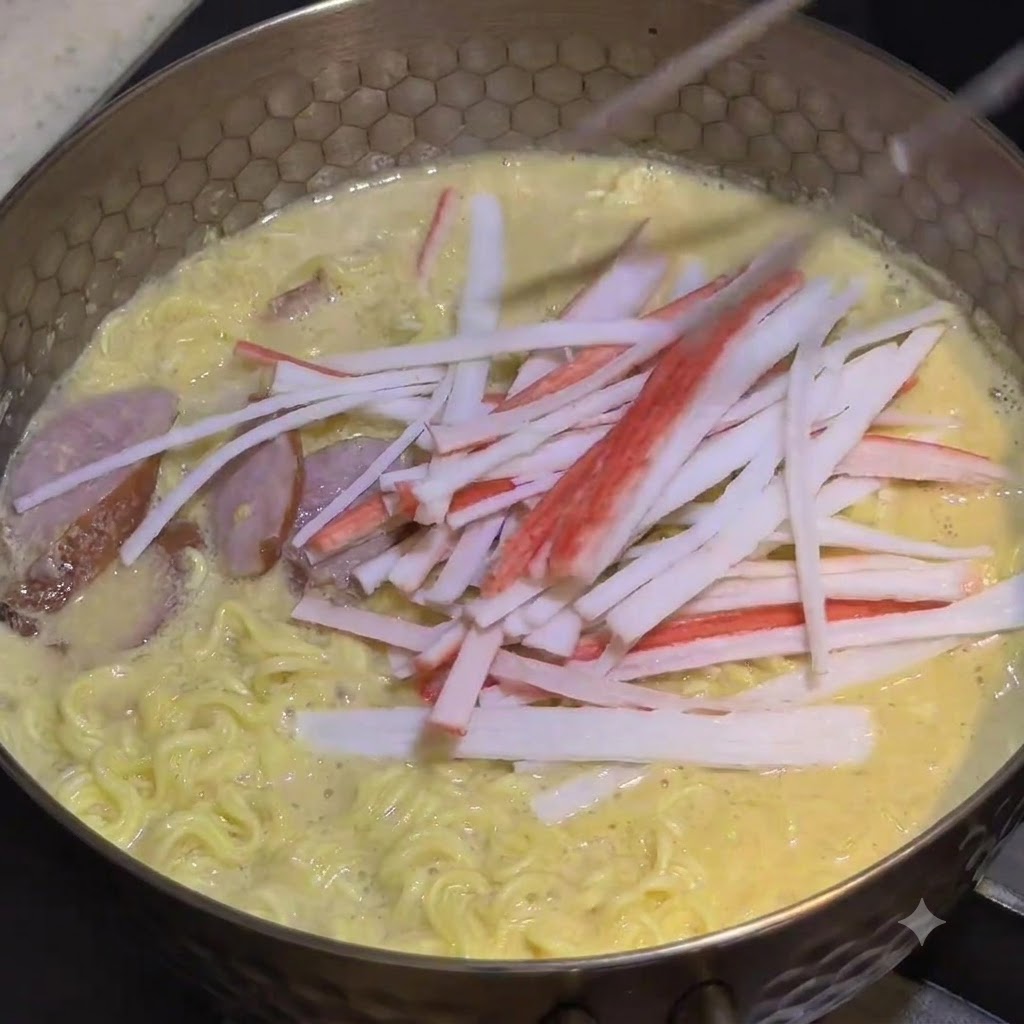 Bâtonnets de surimi effilochés déposés à la surface des nouilles et du bouillon frémissants.