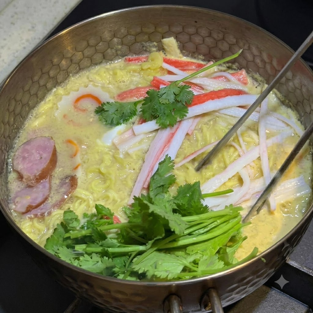 Feuilles et tiges de coriandre fraîche placées dans la casserole de nouilles et de garnitures.