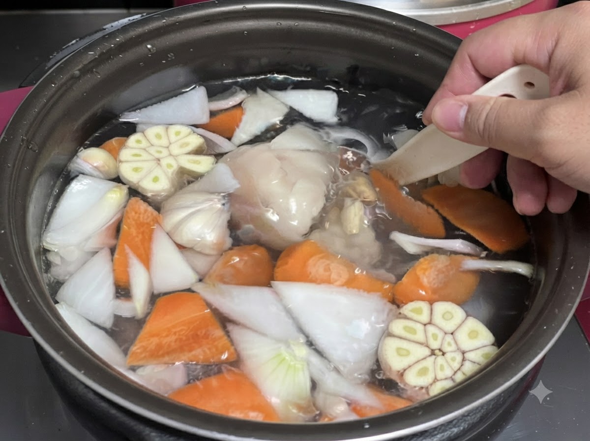 Os de porc, pattes de poulet et légumes submergés dans la cuve dun autocuiseur.