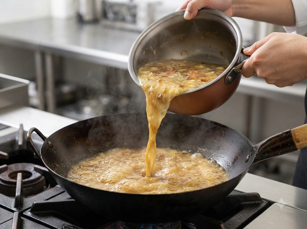 Bouillon versé dans un wok tandis que des flocons de bonite fumée sont incorporés.