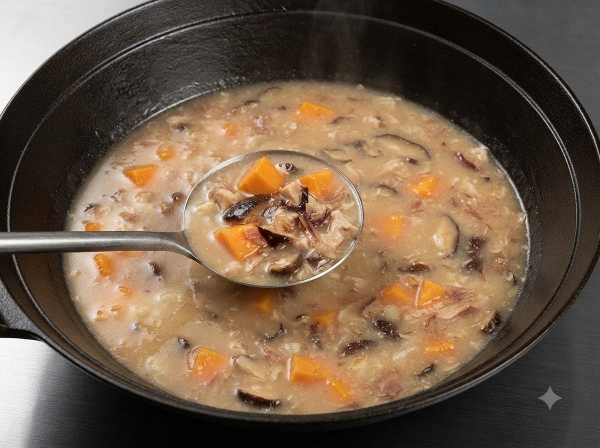 Une louche prélevant un bouillon riche rempli de légumes et de champignons dune casserole sombre.