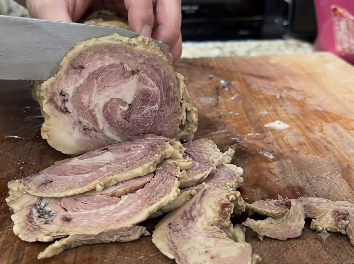 Découpe de viande de porc chashu roulée et réfrigérée sur une planche à découper en bois avec un couteau.