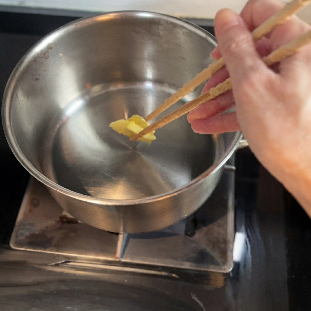 Tranches de gingembre grésillant dans lhuile chaude à lintérieur dune casserole en métal.