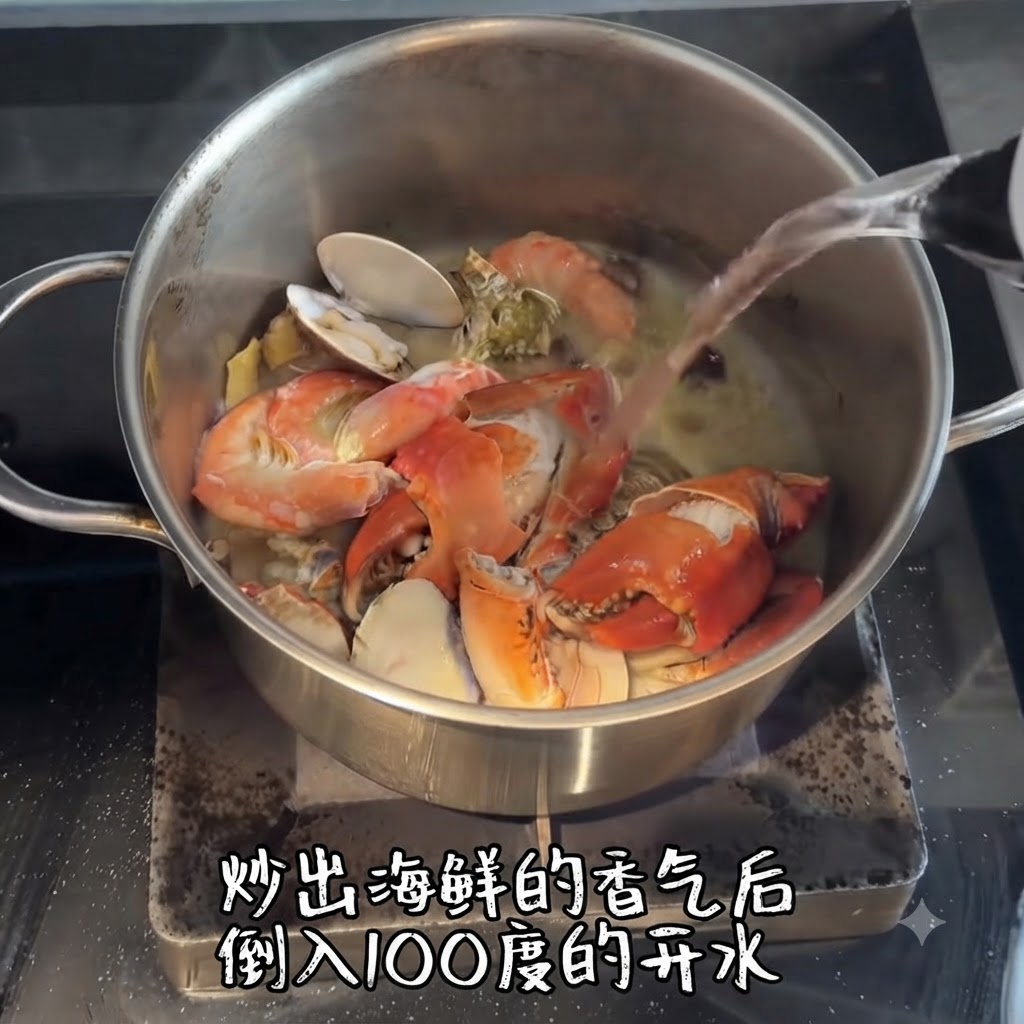 Eau bouillante versée dune bouilloire dans la casserole de fruits de mer sautés.