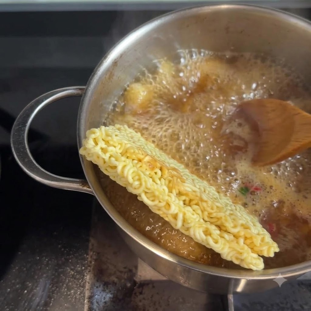 Des baguettes retournant les nouilles ramen et les ingrédients dans une casserole de bouillon frémissant.