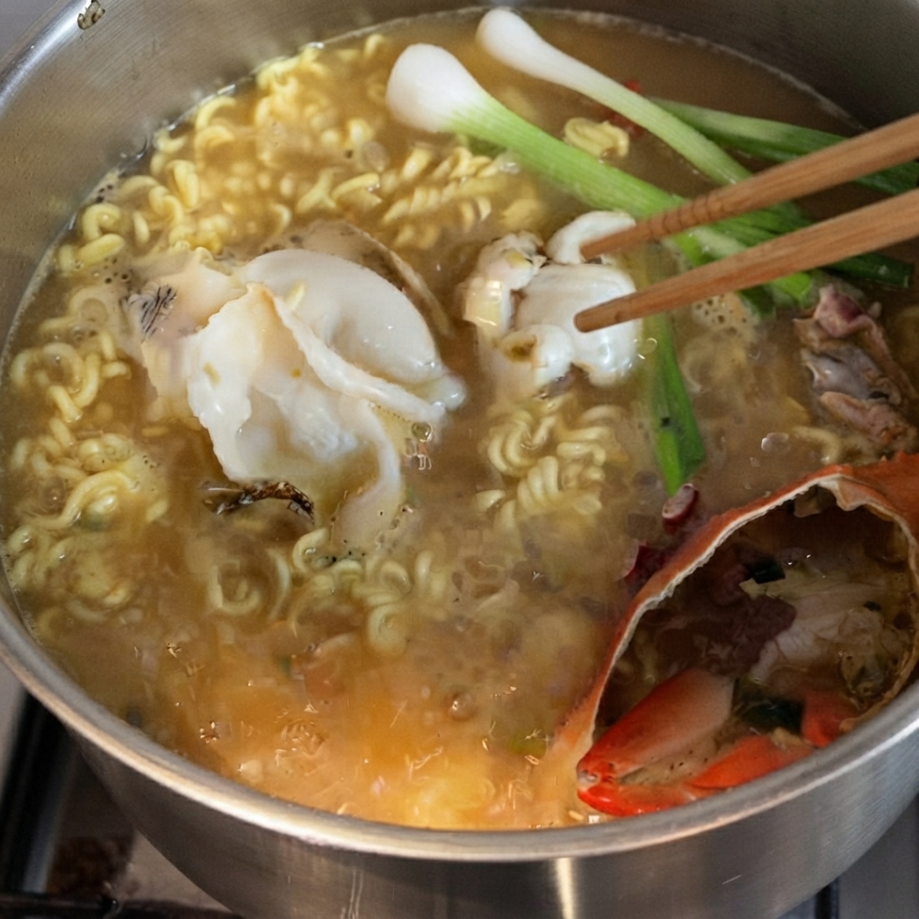 Cébettes, tranches dormeau et tranches de bœuf mélangées dans la soupe de nouilles frémissante avec des baguettes.