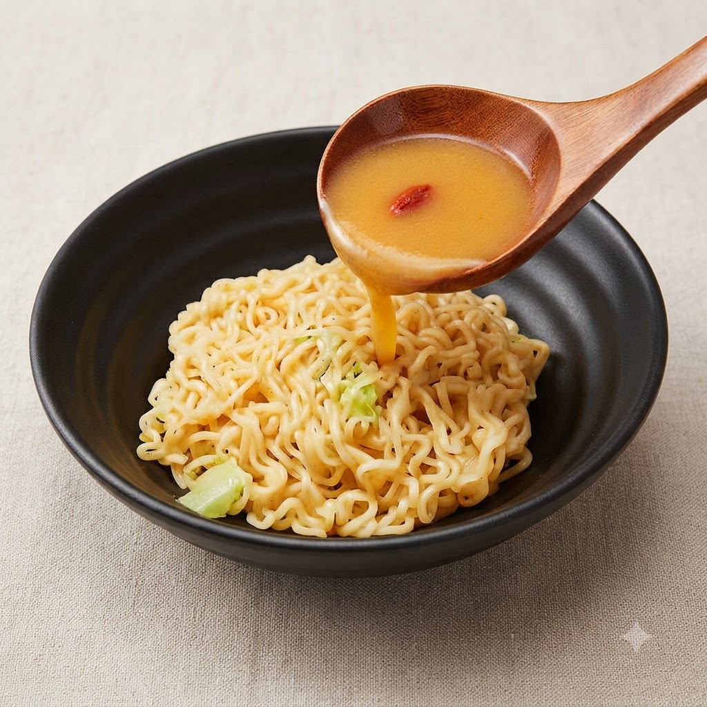 Une louche à soupe en bois verse le bouillon assaisonné dune casserole directement sur un lit de nouilles cuites dans un bol en céramique noire.