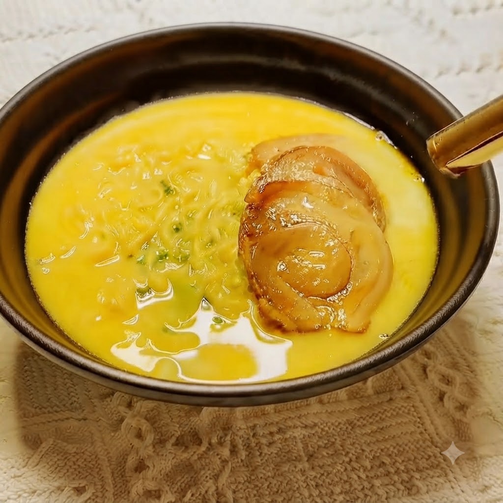 Des tranches de porc chashu dans un bol de nouilles dorées au chalumeau de cuisine.