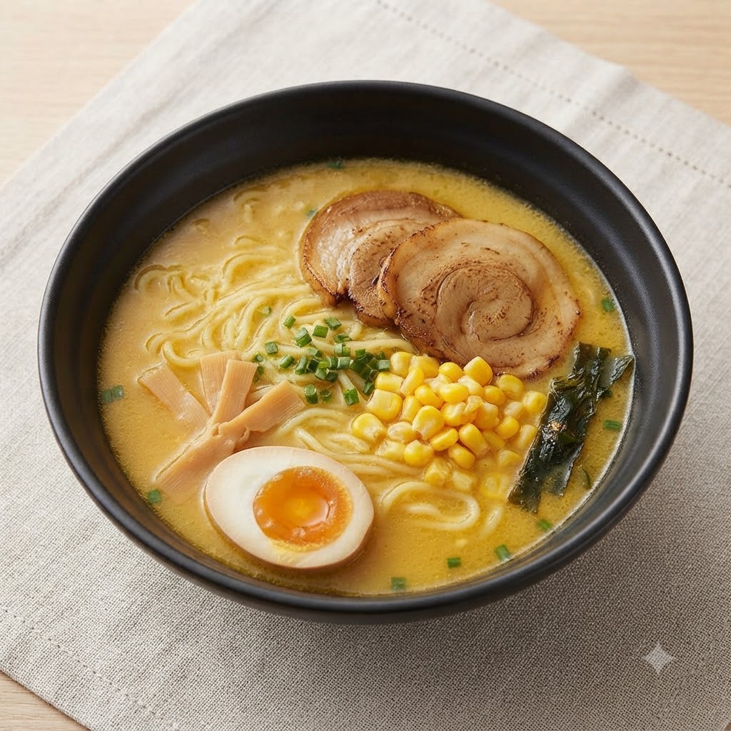 Une cuillère en bois ajoutant des grains de maïs doux jaunes dans un bol de ramen.