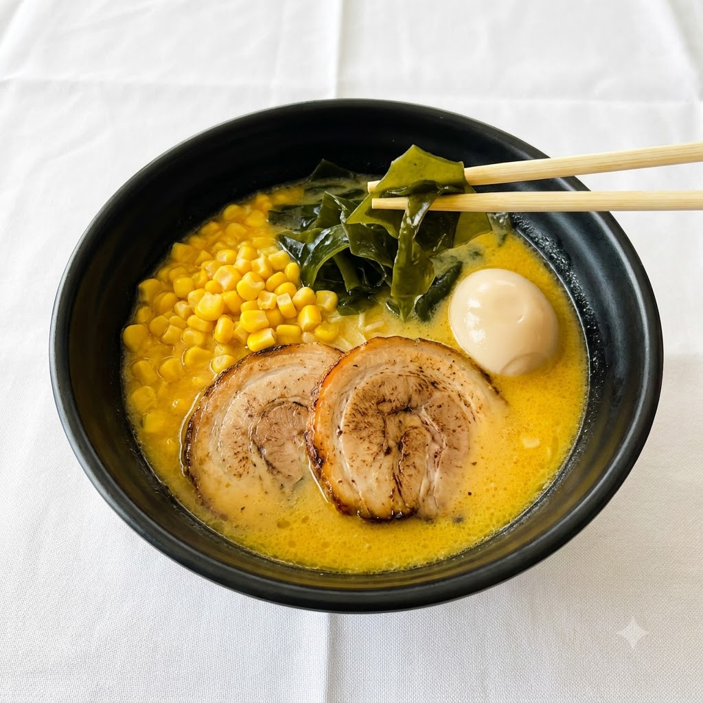 Des baguettes tenant et plaçant des lamelles dalgues vert foncé dans un bol de ramen japonais.