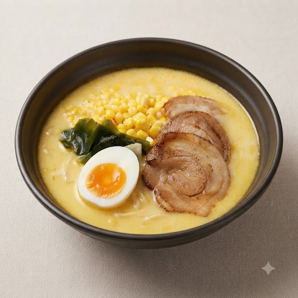 Un œuf mollet coupé en deux avec un jaune vif et coulant placé sur le côté dun bol de ramen garni.