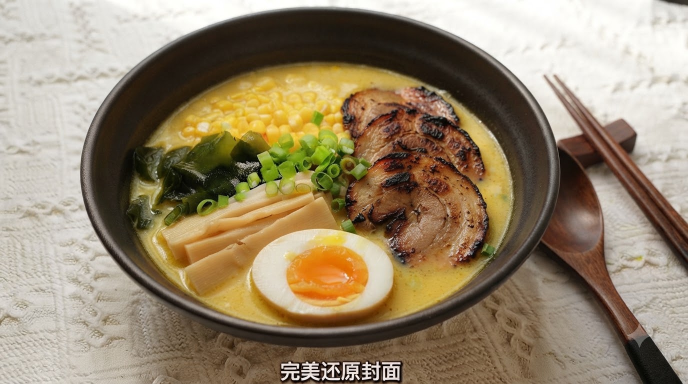 Un bol de ramen tonkotsu japonais dans un bouillon riche de curry jaune à la coco, garni de porc chashu grillé, de maïs doux, dalgues, de pousses de bambou et dun œuf mollet.