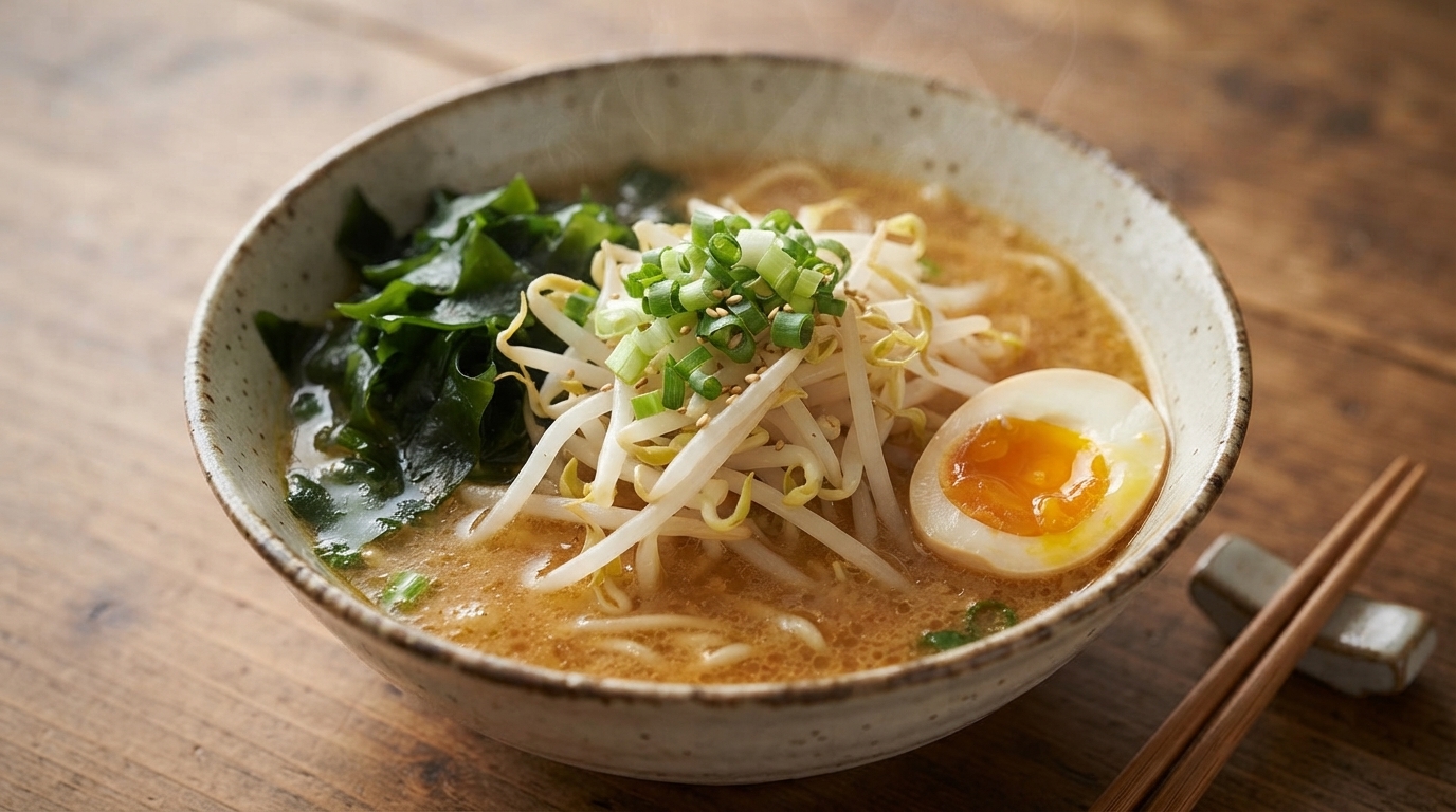 Un bol fumant de ramen miso maison garni de germes de haricots mungo, dalgues vertes et dun œuf mollet.