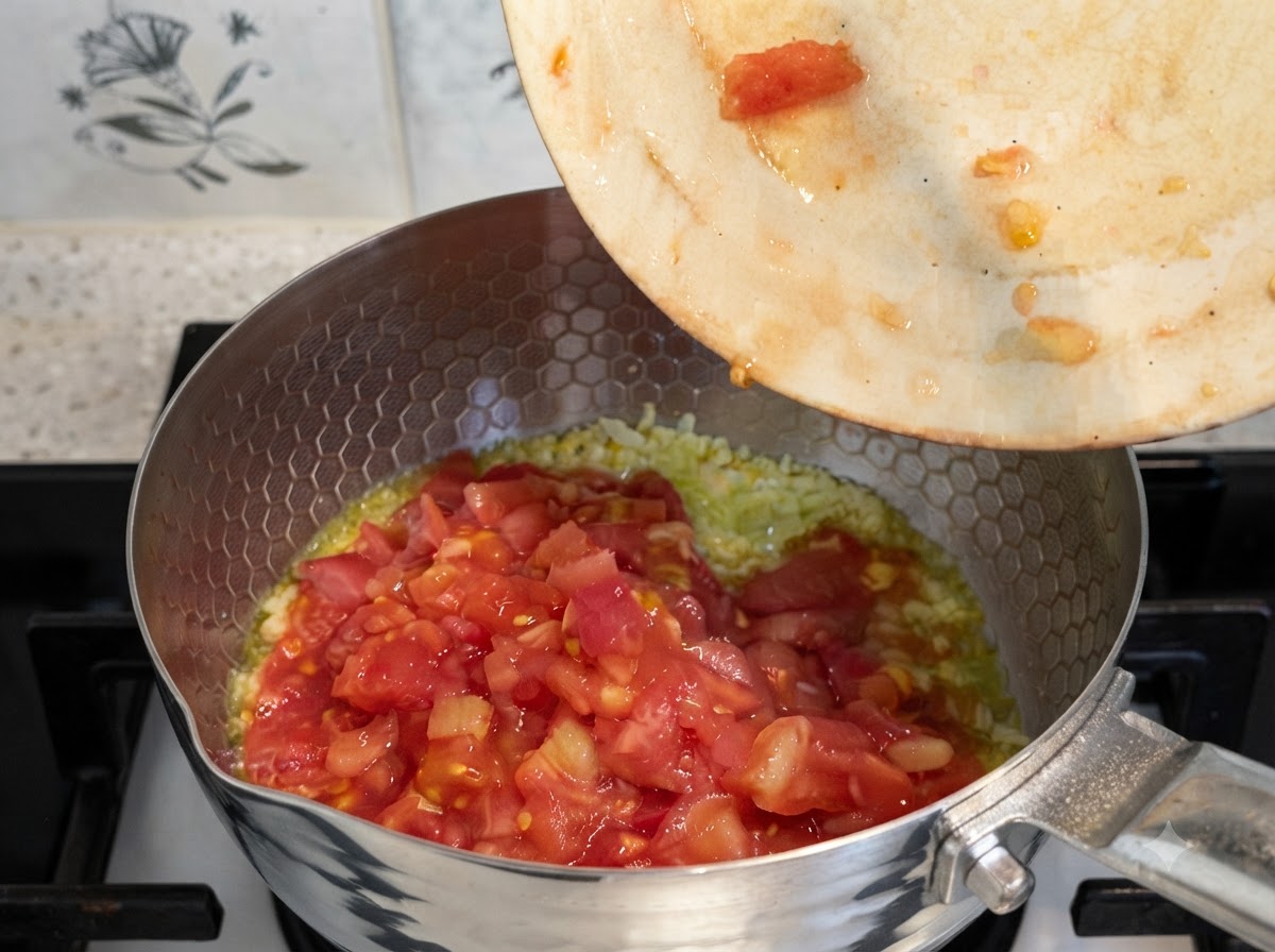 Sauce et eau claire versées dans la casserole contenant les tomates revenues.