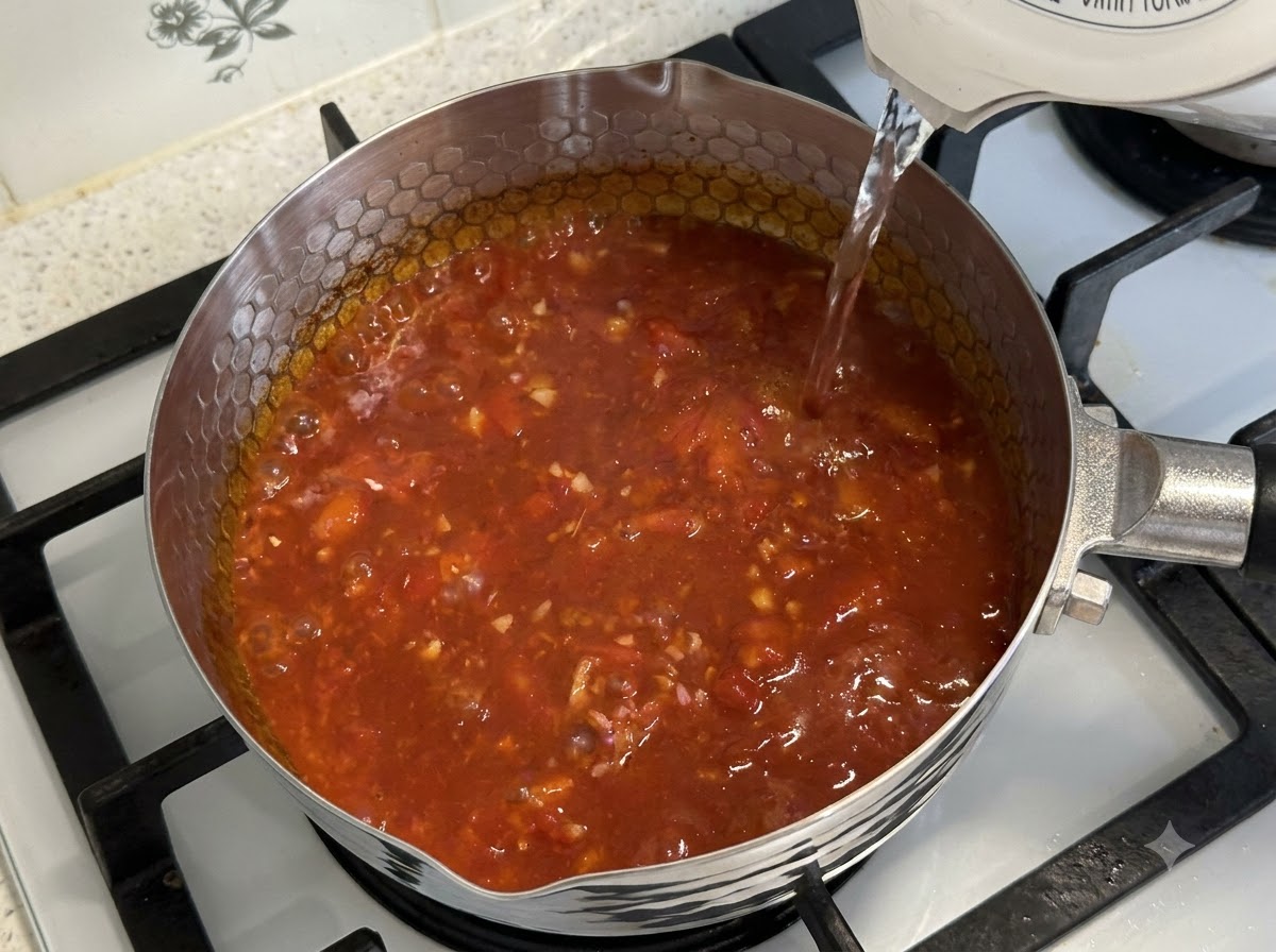 Nouilles udon, légumes, boulettes de pâte de crevettes et bœuf gras ajoutés dans la soupe de tomate bouillante.