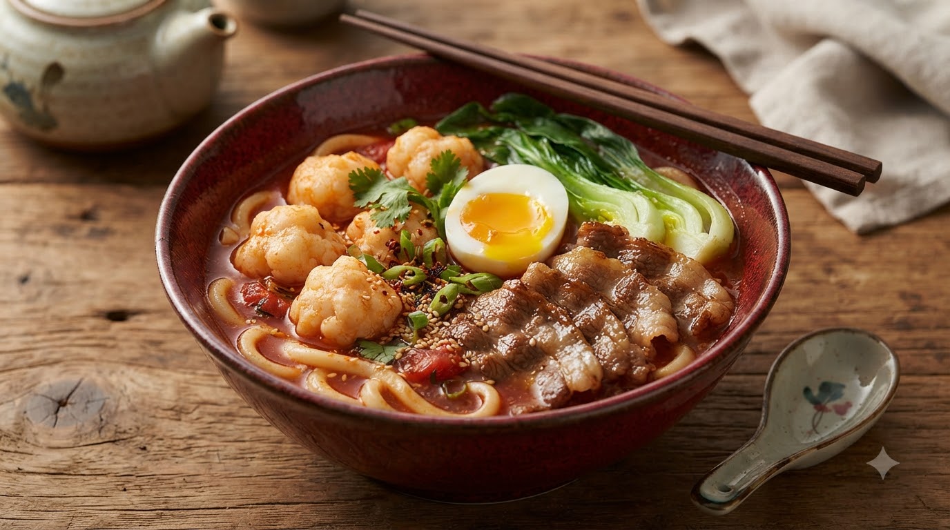 Udon au Bœuf et Tomates avec Boulettes de Crevettes Maison