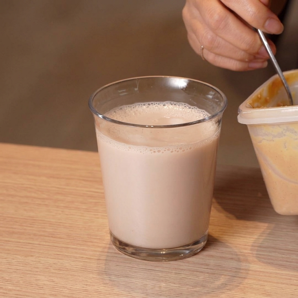 Une cuillère de miso biologique en train dêtre incorporée dans un verre de lait de soja multigrains.