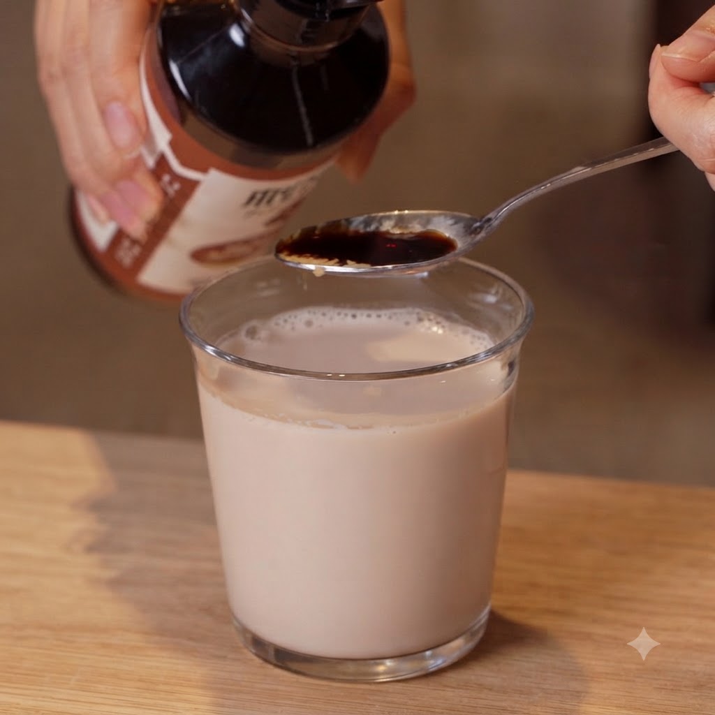 Un filet de sauce soja claire versé depuis une bouteille sur une cuillère maintenue au-dessus du verre de lait de soja.