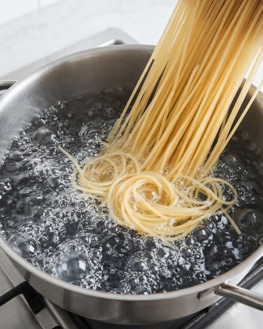 Un paquet de nouilles ramen fraîches plongées dans une casserole deau bouillante avec des bulles.