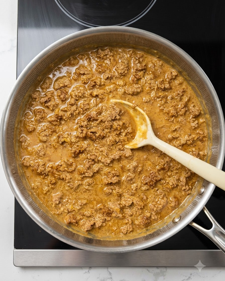 Une cuillère jaune clair remuant une sauce crémeuse et bouillonnante à la viande et au lait de soja dans une poêle en inox.