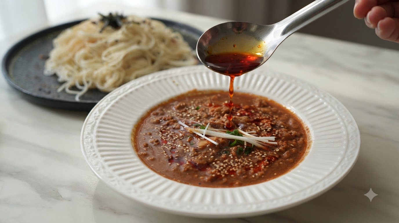 Une cuillère dhuile pimentée rouge vif versée sur la riche sauce de viande au lait de soja et miso