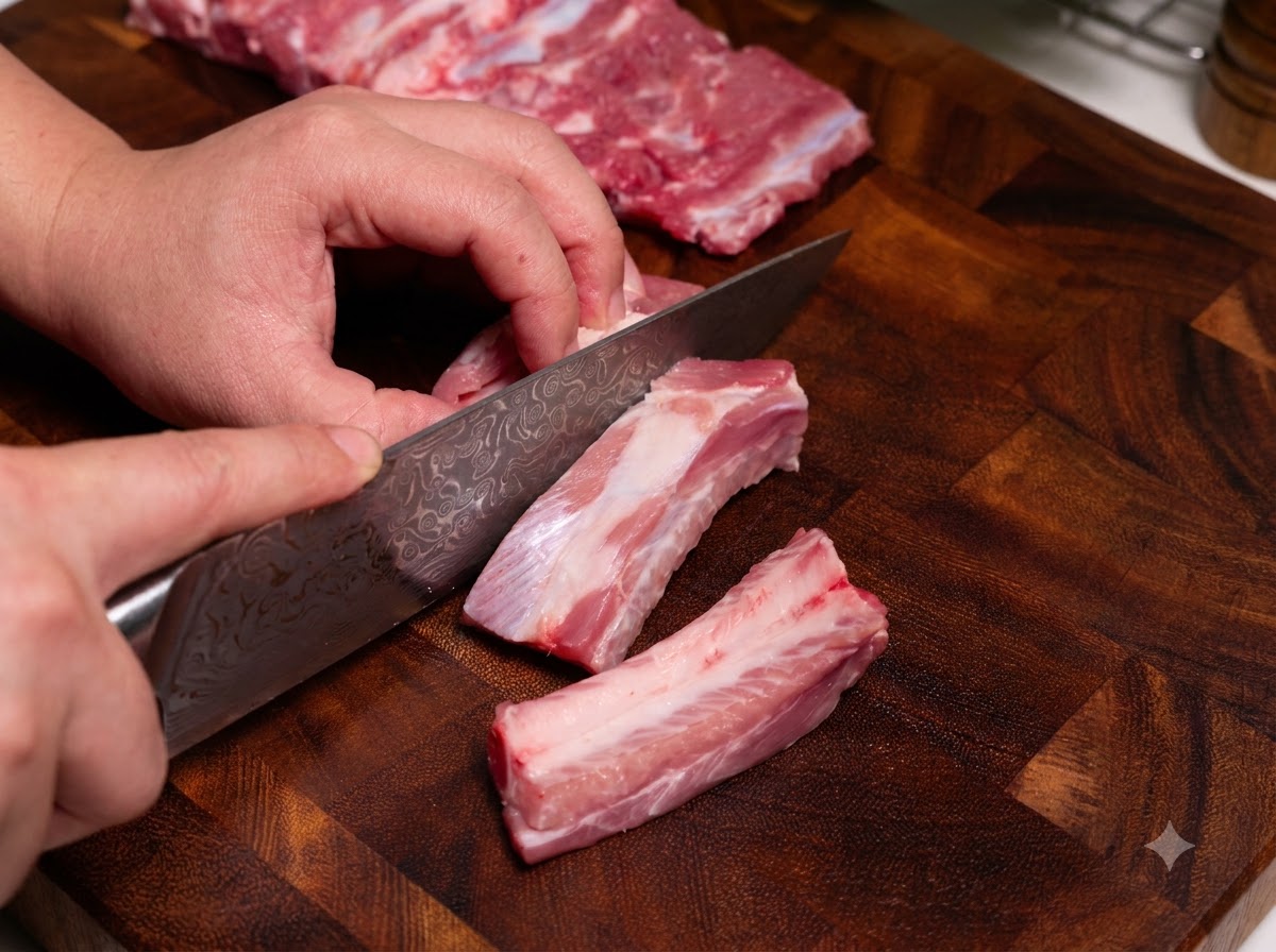 Un couteau bien aiguisé tranche des travers de porc crus en plus petites portions sur une planche à découper en bois.