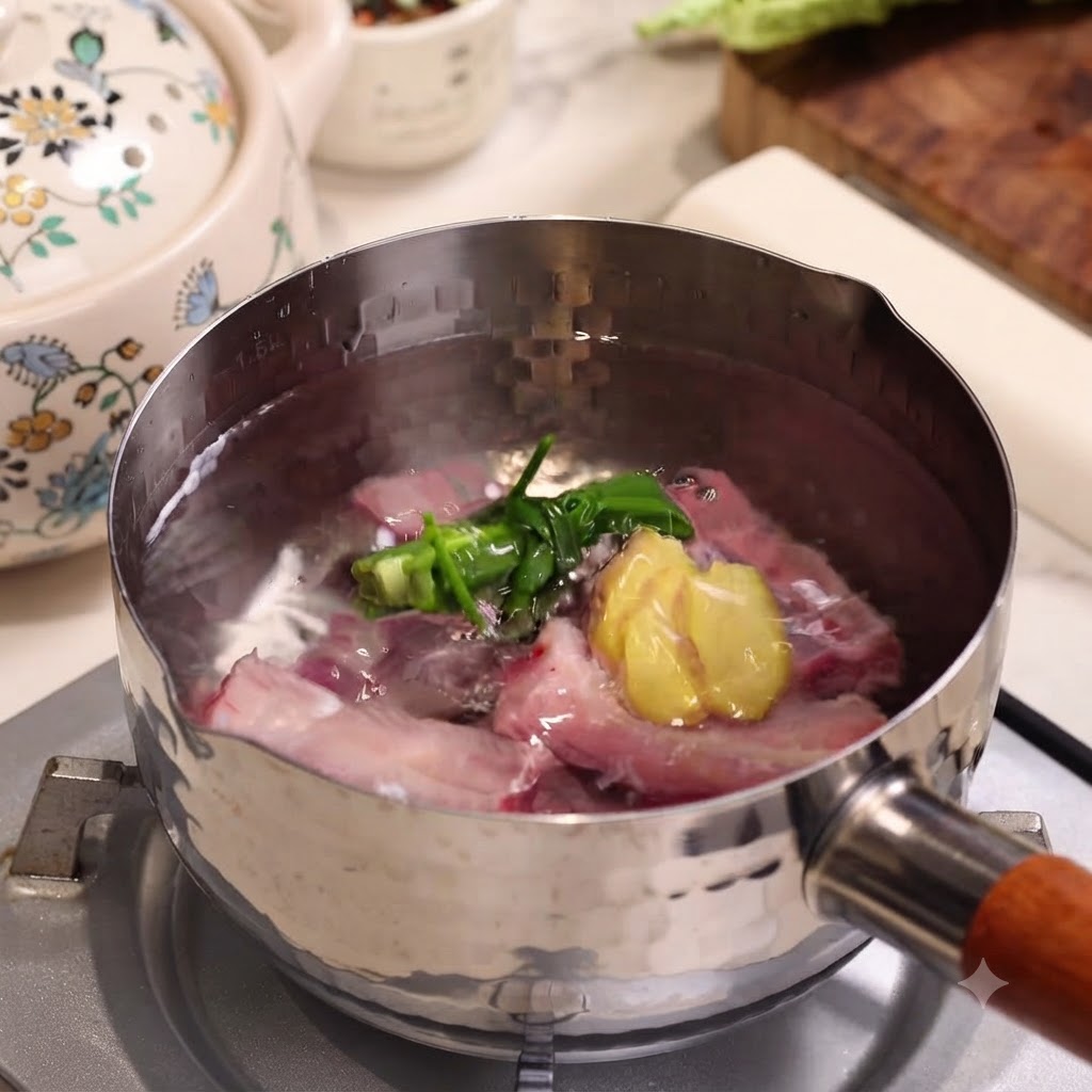 Travers de porc crus bouillant dans une marmite en acier inoxydable avec des cébettes et des tranches de gingembre.