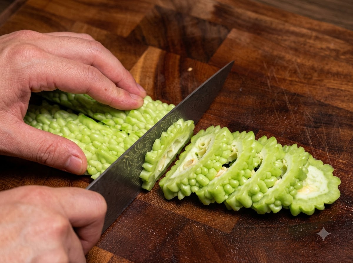 Margose verte coupée en tranches épaisses sur une planche à découper en bois.