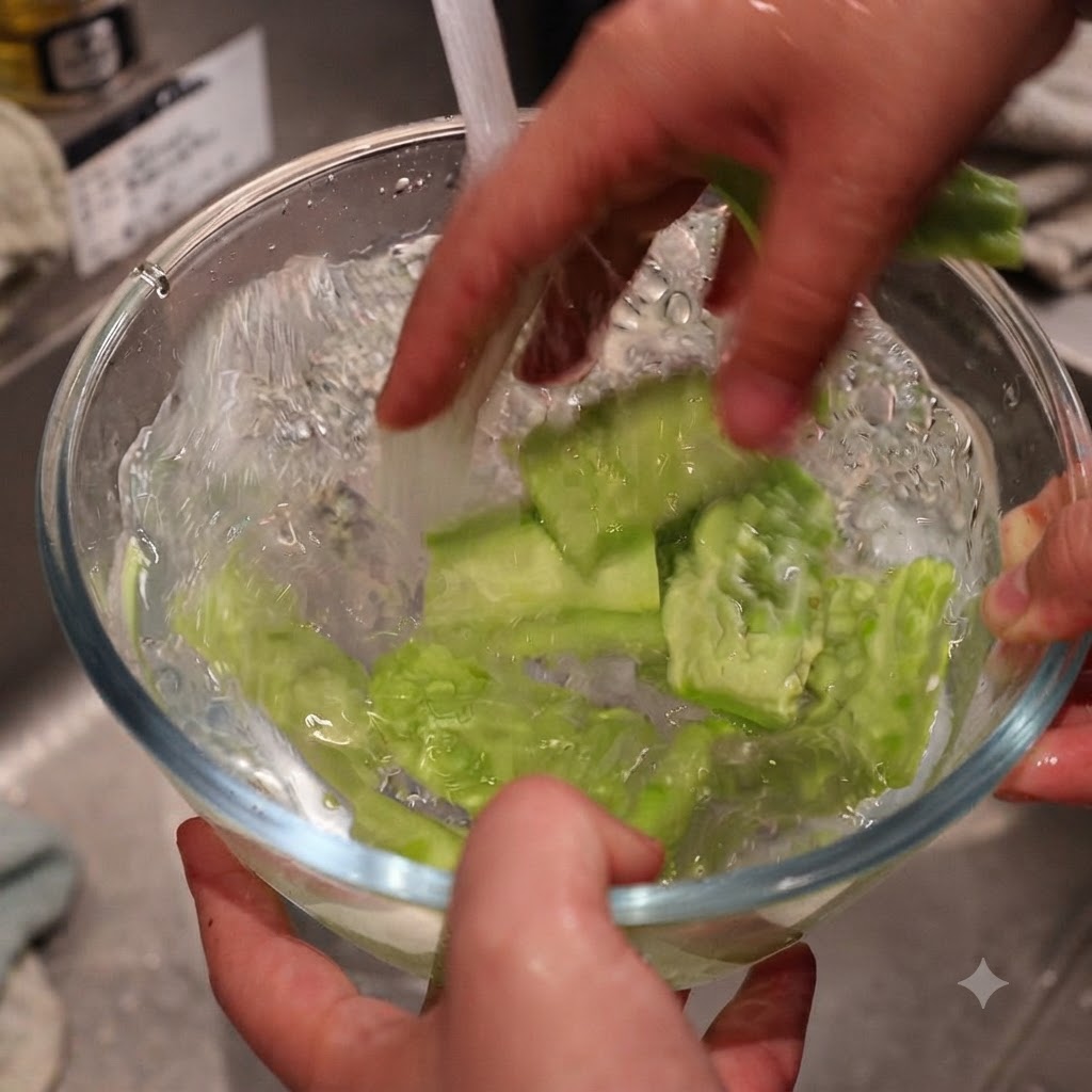 Des mains lavent des morceaux de margose dans un bol en verre rempli deau avec du sel.