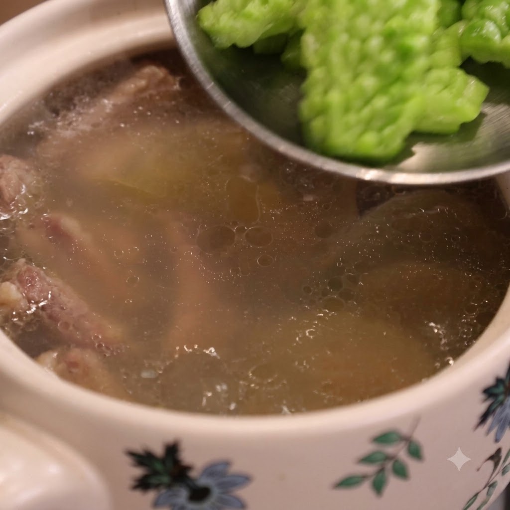 Tranches de margose verte ajoutées à la cuillère dans une marmite de soupe frémissante.