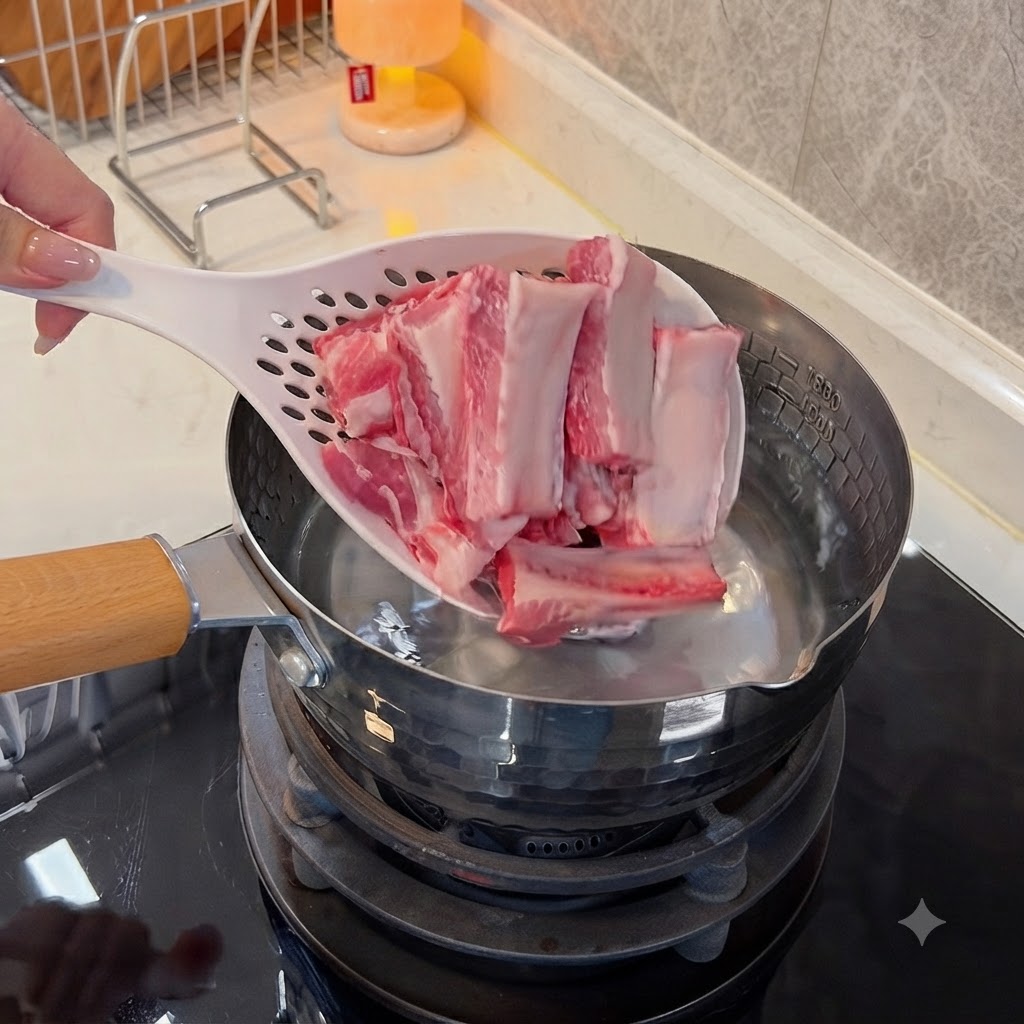 Une écumoire dépose des morceaux de porc crus dans une marmite en inox remplie deau froide.