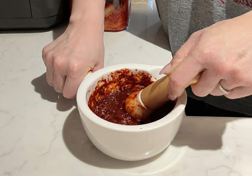 Pilonnage dune pâte rouge dail et de piment dans un mortier en céramique blanc.