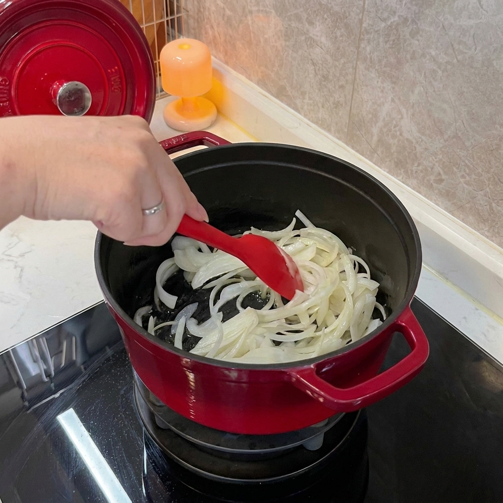 Sauter des oignons blancs émincés dans une cocotte en fonte rouge avec une spatule en silicone.